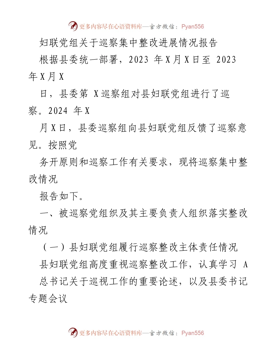 [工作总结] 巡察整改 - 妇联党组巡察整改进展情况报告.docx_第1页