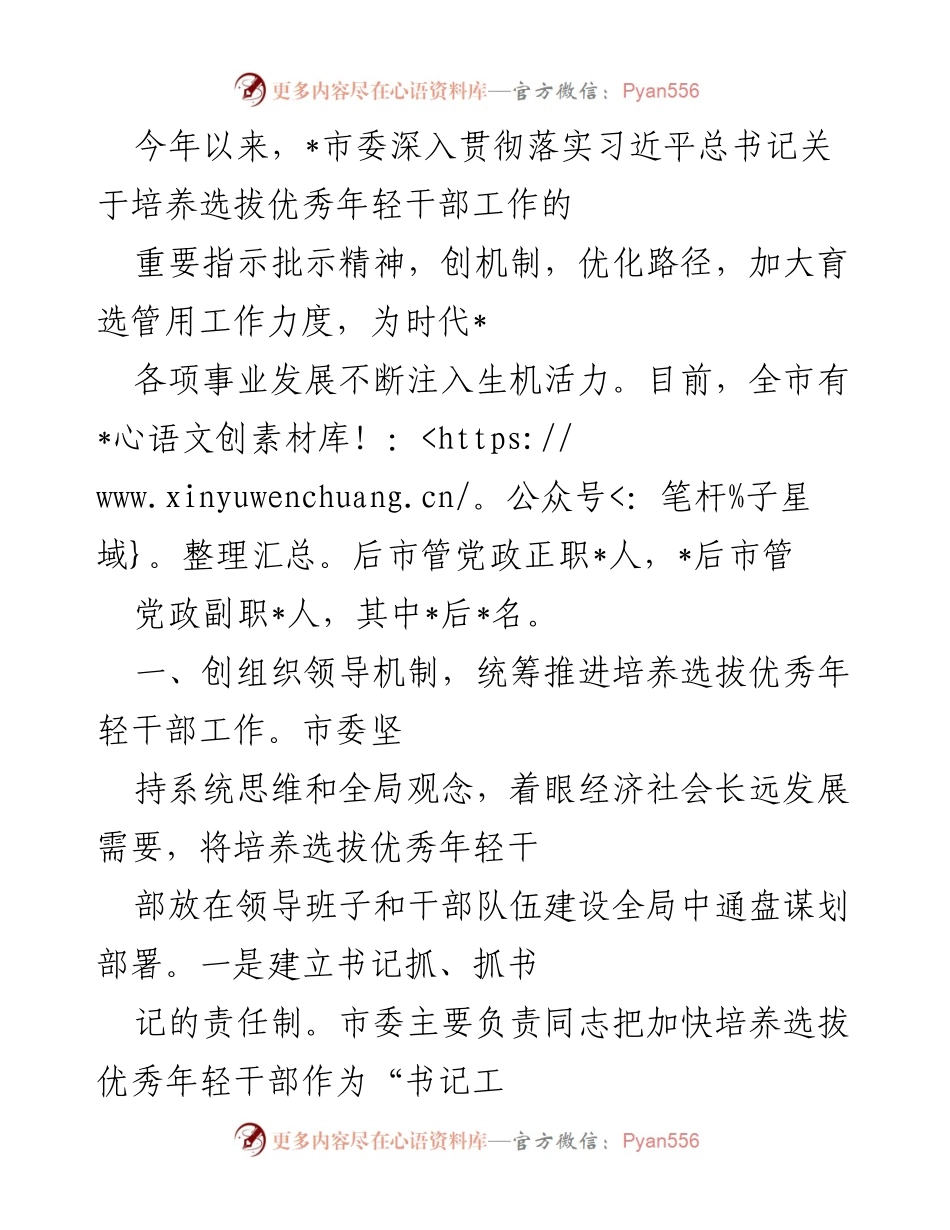 [工作总结] 市委工作会议 - 加强年轻干部培养选拔机制的实施与成效.docx_第1页
