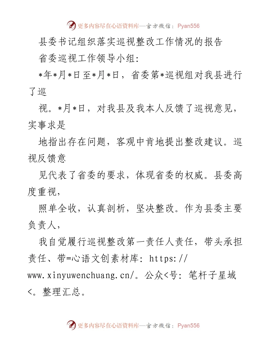 [工作总结] 巡视整改工作 - 县委书记巡视整改工作落实情况报告.docx_第1页