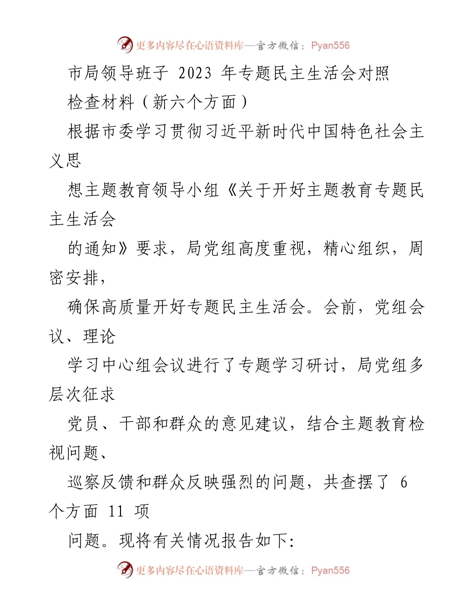 [工作总结] 市局领导班子专题民主生活会 - 2023年专题民主生活会对照检查材料总结.docx_第1页