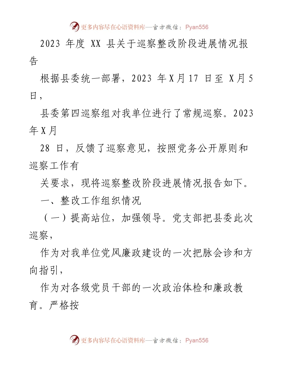 [工作总结] 巡察整改 - 2023年度XX县巡察整改进展情况报告.docx_第1页