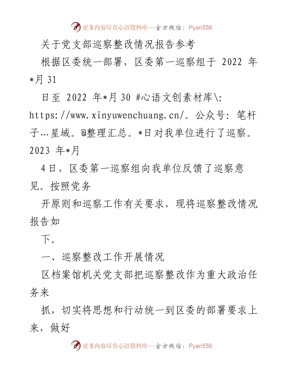 [工作总结] 巡察整改 - 党支部巡察整改情况报告总结.docx_第1页
