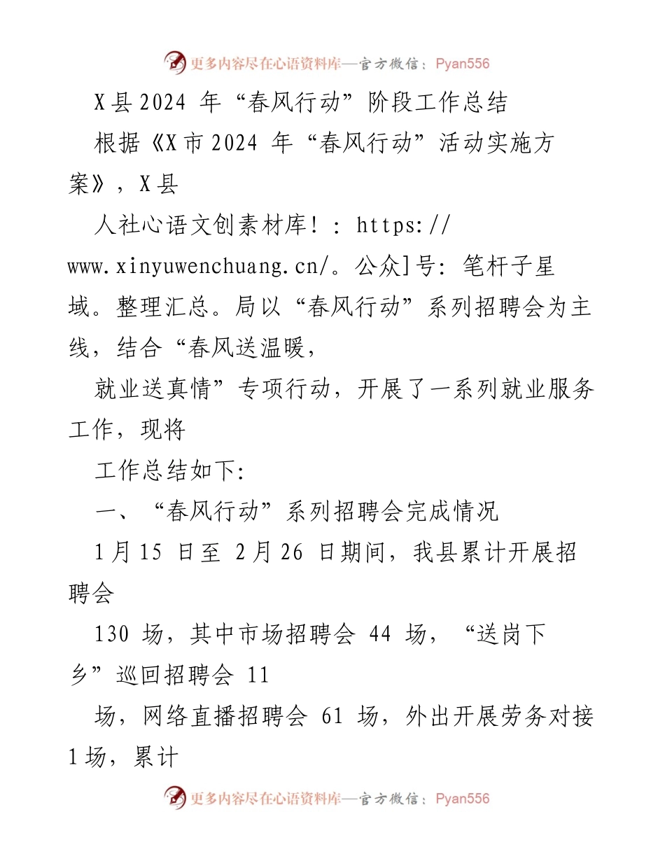 [工作总结] 就业服务 - X县2024年“春风行动”阶段工作总结.docx_第1页