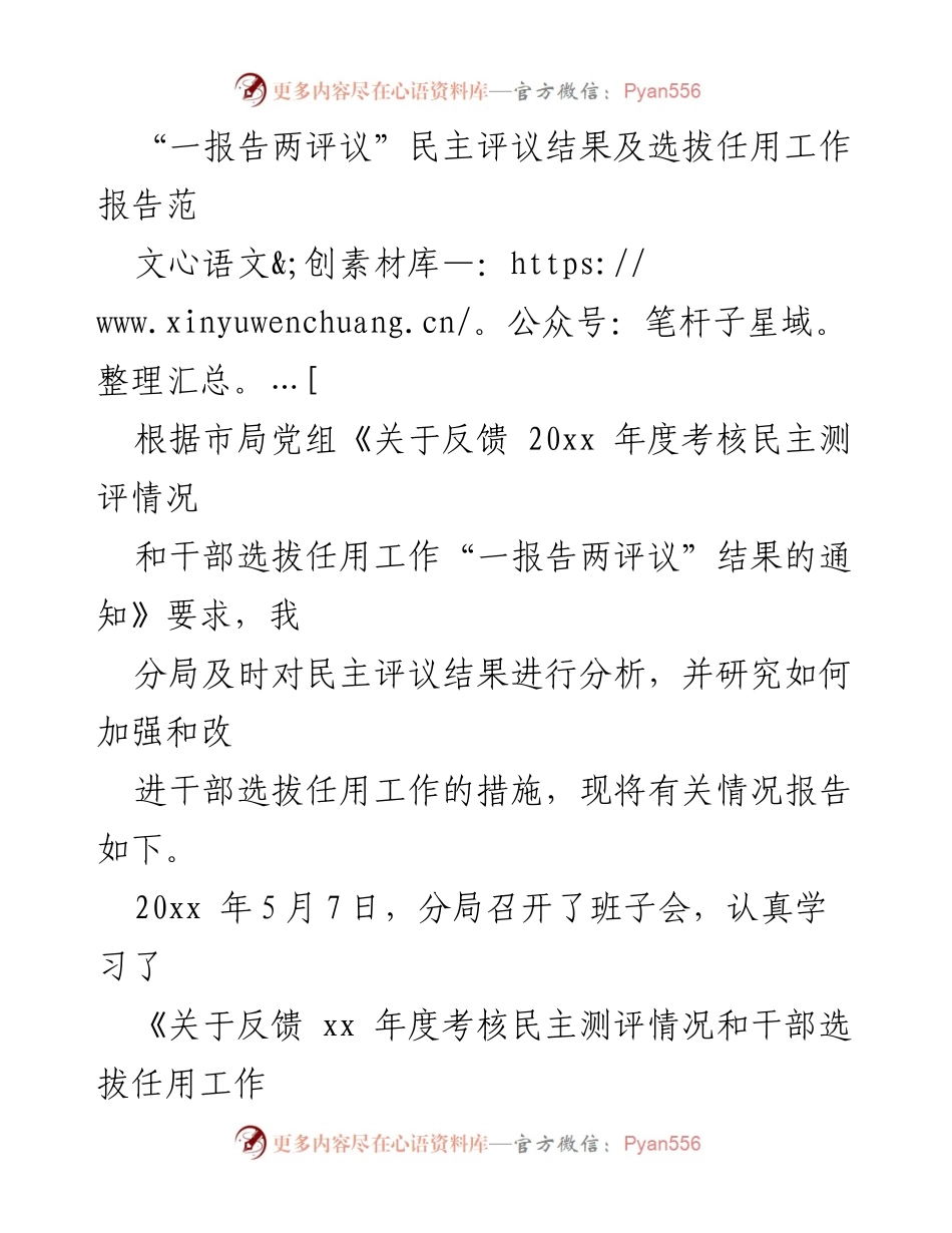 [工作总结] 干部选拔任用 - 干部选拔任用工作报告及民主评议结果分析.docx_第1页