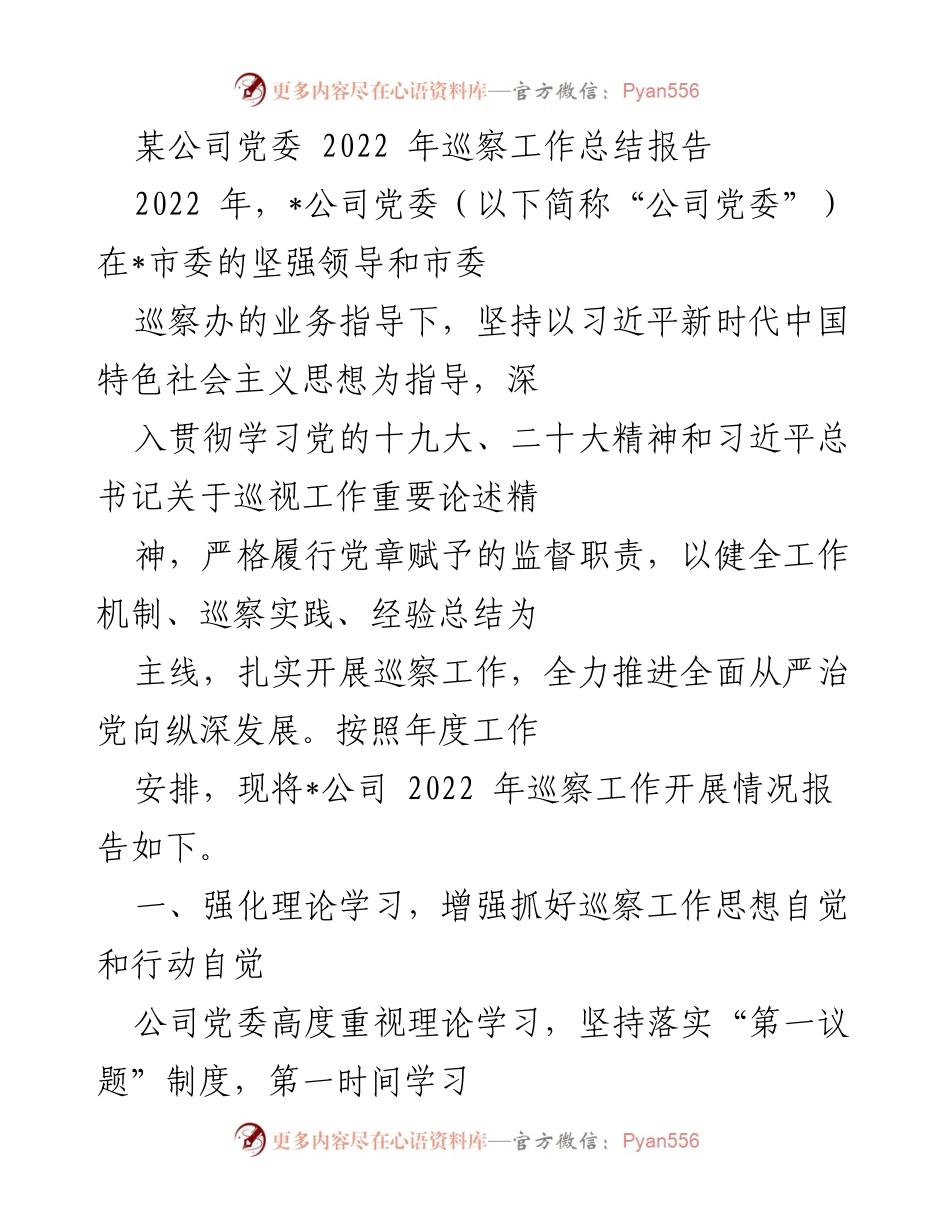 [工作总结] 巡察工作 - 2022年某公司党委巡察工作总结报告.docx_第1页