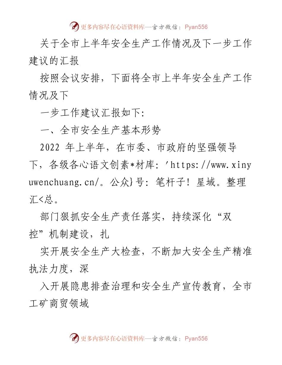 [工作总结] 安全生产会议 - 全市上半年安全生产工作汇报及后续建议.docx_第1页
