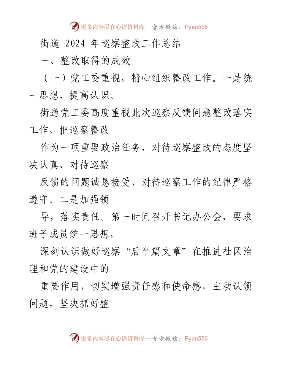 [工作总结] 巡察整改 - 街道2024年巡察整改工作成效总结.docx_第1页