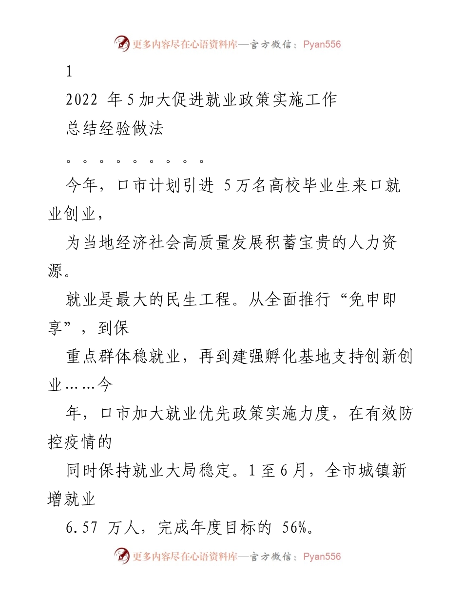 [工作总结] 就业政策实施 - 口市2022年促进就业政策实施工作总结与经验分享.docx_第1页