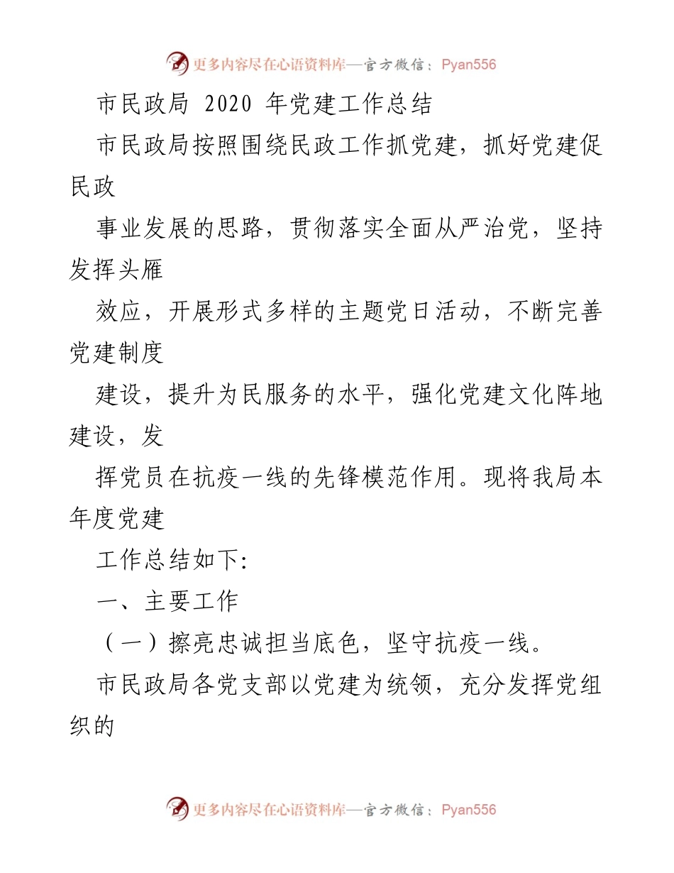[工作总结] 市民政局 - 2020年党建工作总结报告.docx_第1页