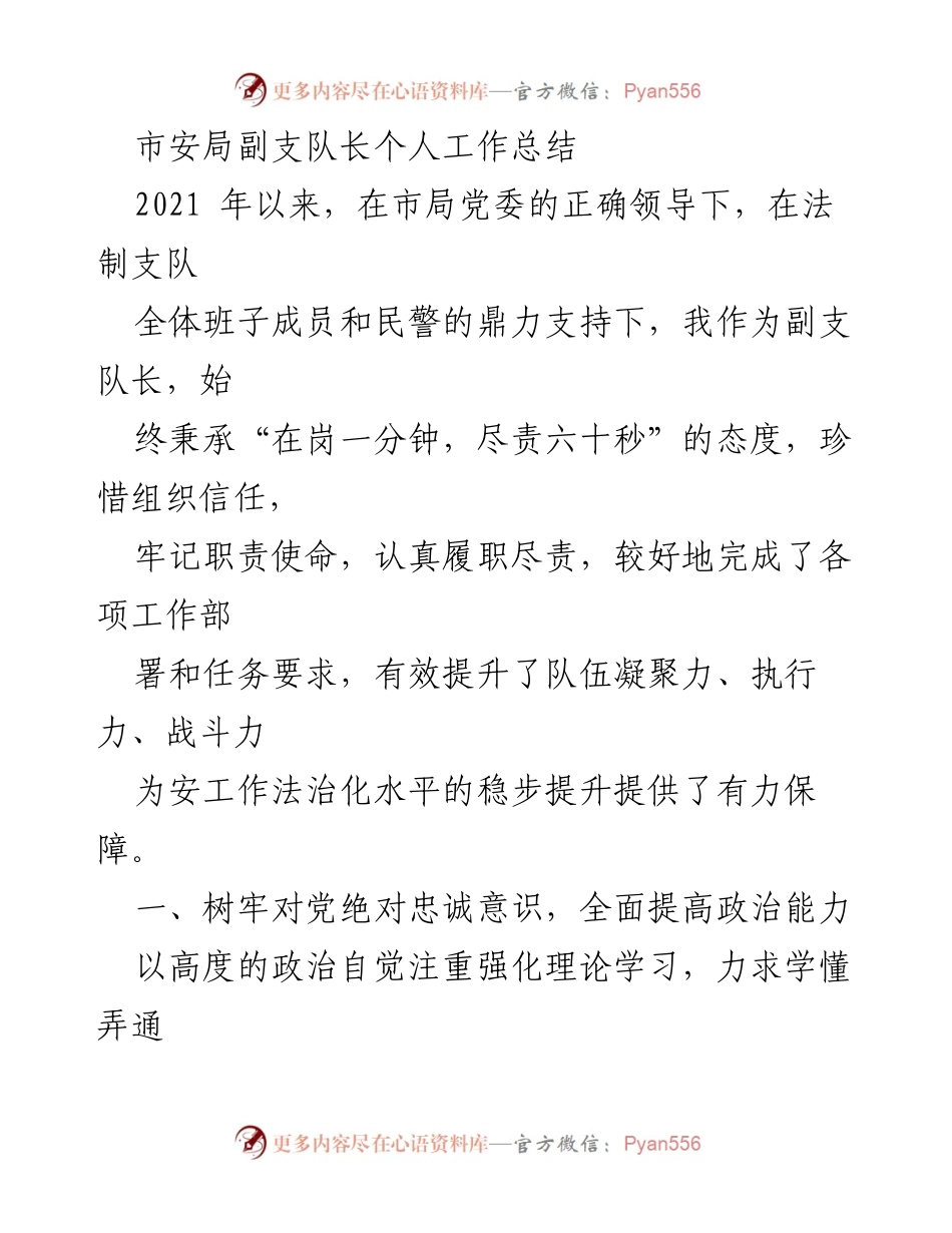 [工作总结] 市安局 - 市安局副支队长2021年个人工作总结.docx_第1页