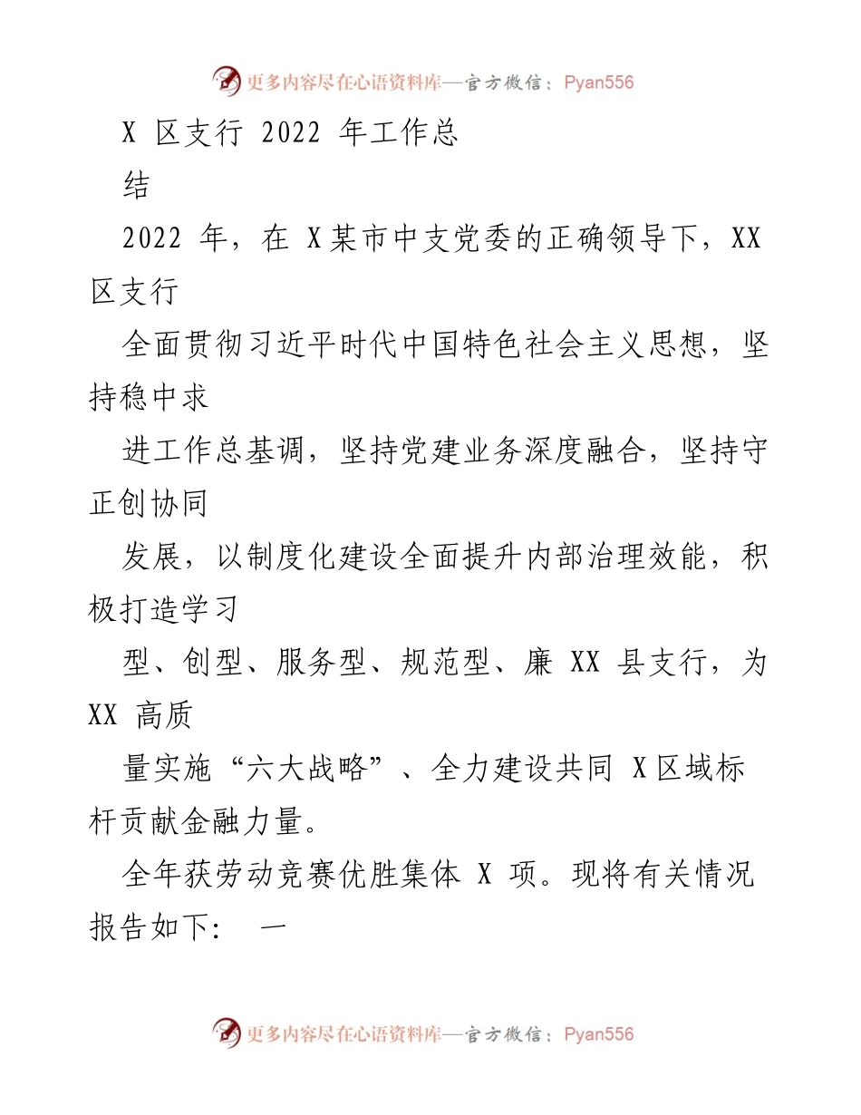 [工作总结] 年度工作总结 - 2022年XX区支行工作总结报告.docx_第1页