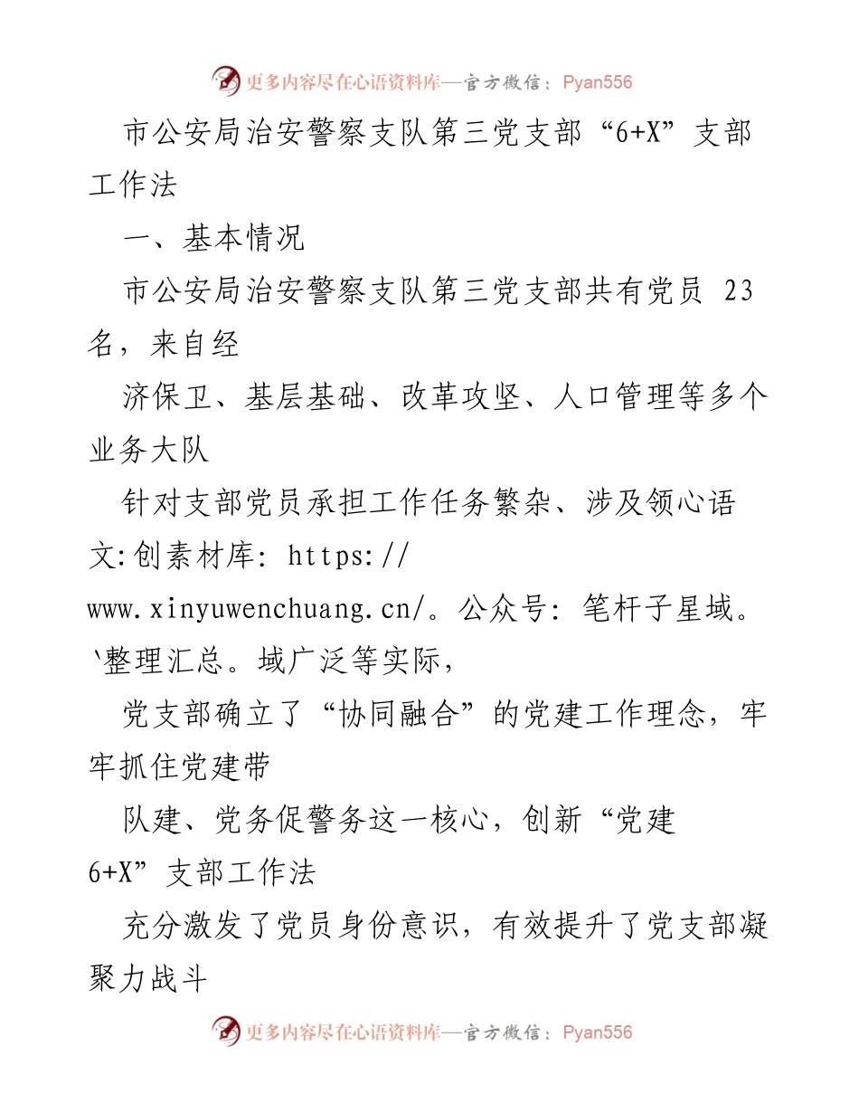 [工作总结] 市公安局治安警察支队 - “6+X”支部工作法创新与实践总结.docx_第1页