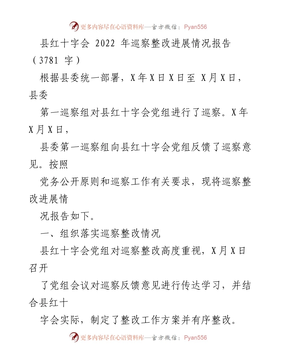 [工作总结] 巡察整改 - 县红十字会2022年巡察整改进展情况报告.docx_第1页