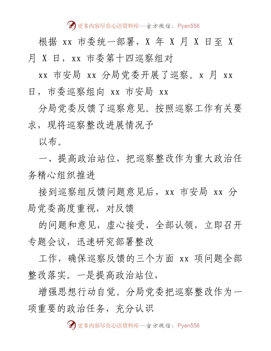 [工作总结] 巡察整改 - xx 市安局 xx 分局巡察整改工作总结报告.docx_第1页