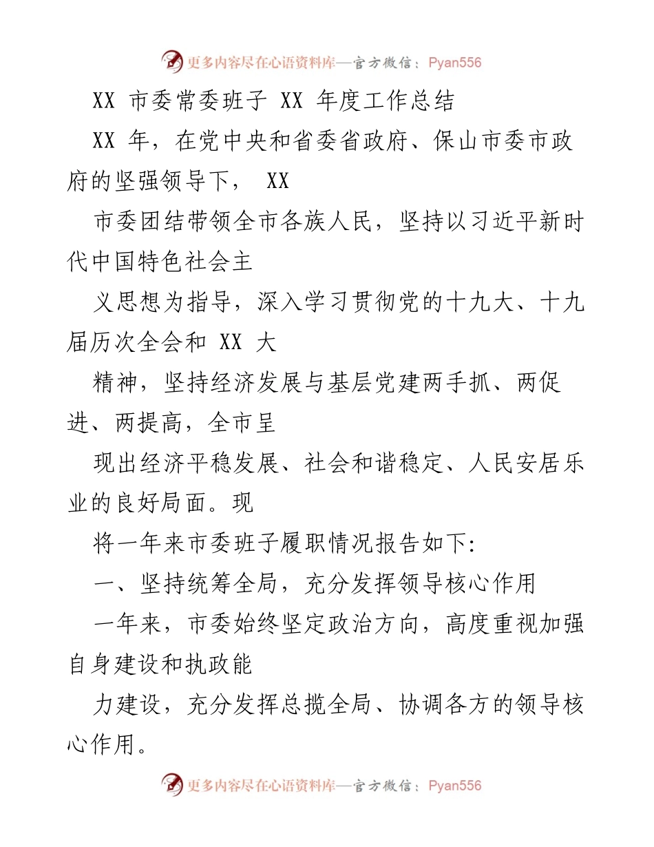 [工作总结] 市委常委班子 - XX市年度工作总结与履职报告.docx_第1页