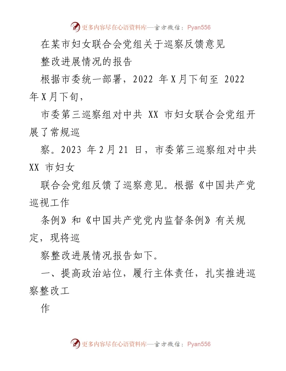 [工作总结] 巡察整改 - 市妇联党组巡察反馈意见整改进展情况报告.docx_第1页