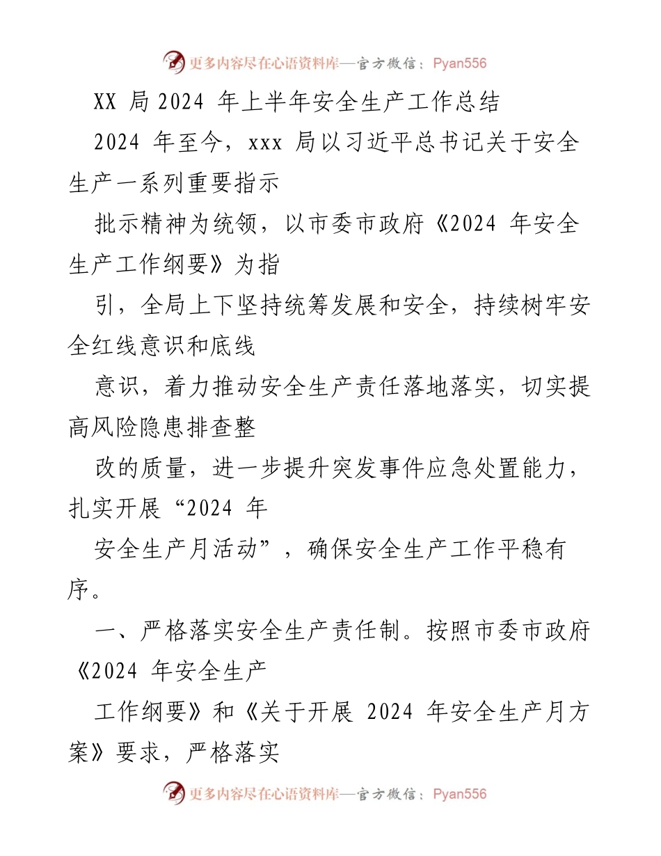 [工作总结] 安全生产 - XX局2024年上半年安全生产工作总结.docx_第1页