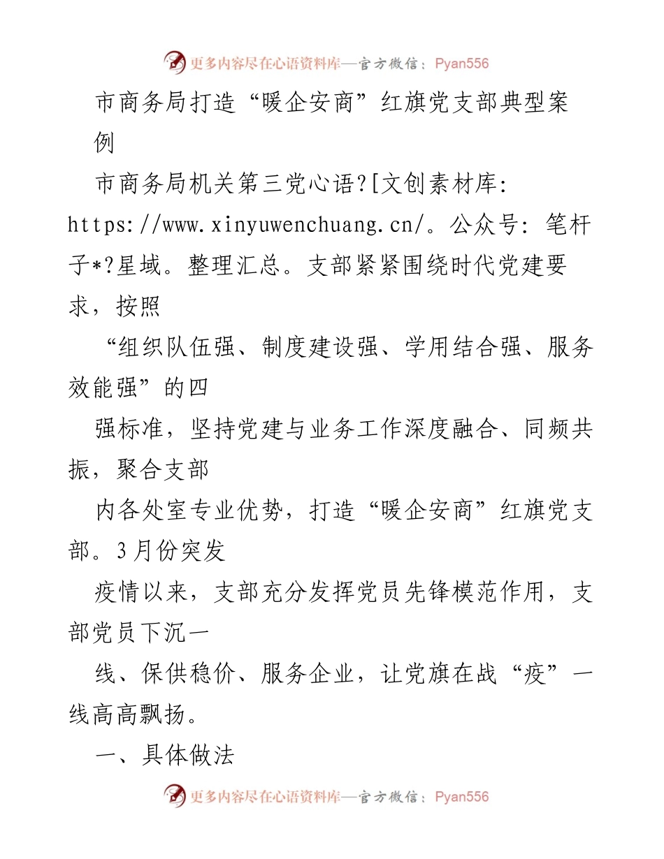 [工作总结] 市商务局 - 打造“暖企安商”红旗党支部的实践与成效_1.docx_第1页