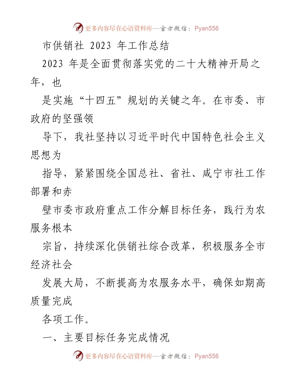 [工作总结] 市供销社 - 2023年工作总结与党建推进情况报告_1.docx_第1页
