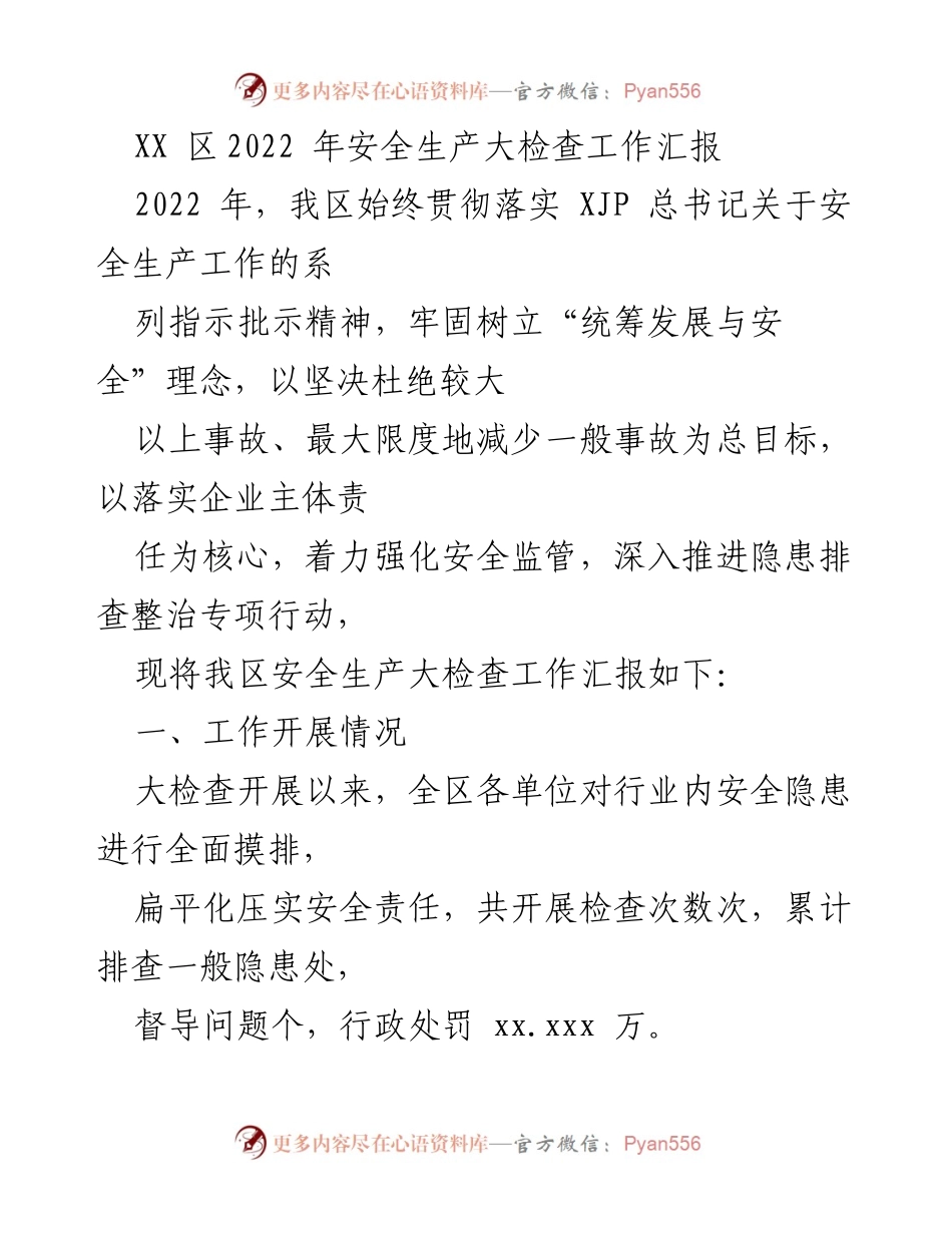 [工作总结] 安全生产 - XX区2022年安全生产大检查工作汇报.docx_第1页