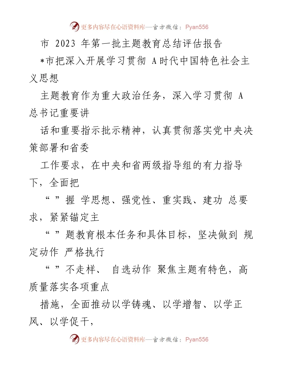 [工作总结] 市主题教育 - 2023年第一批主题教育总结评估报告.docx_第1页