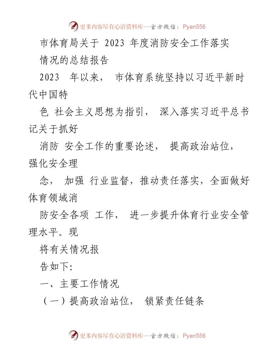 [工作总结] 市体育局 - 2023年度消防安全工作落实情况总结报告.docx_第1页