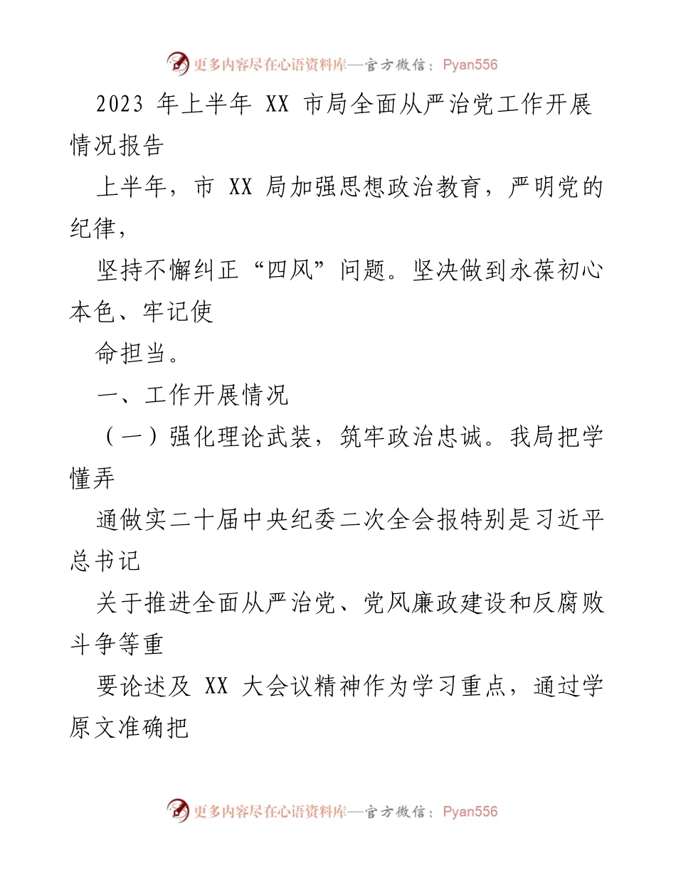 [工作总结] 市局全面从严治党工作 - 2023年上半年全面从严治党工作开展情况报告.docx_第1页