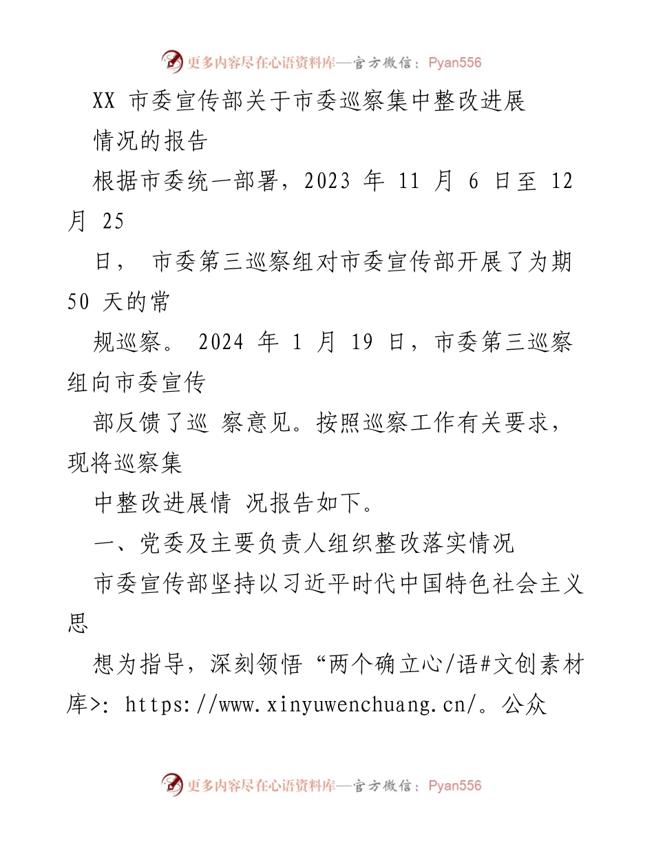 [工作总结] 巡察整改 - XX市委宣传部巡察整改进展报告.docx_第1页