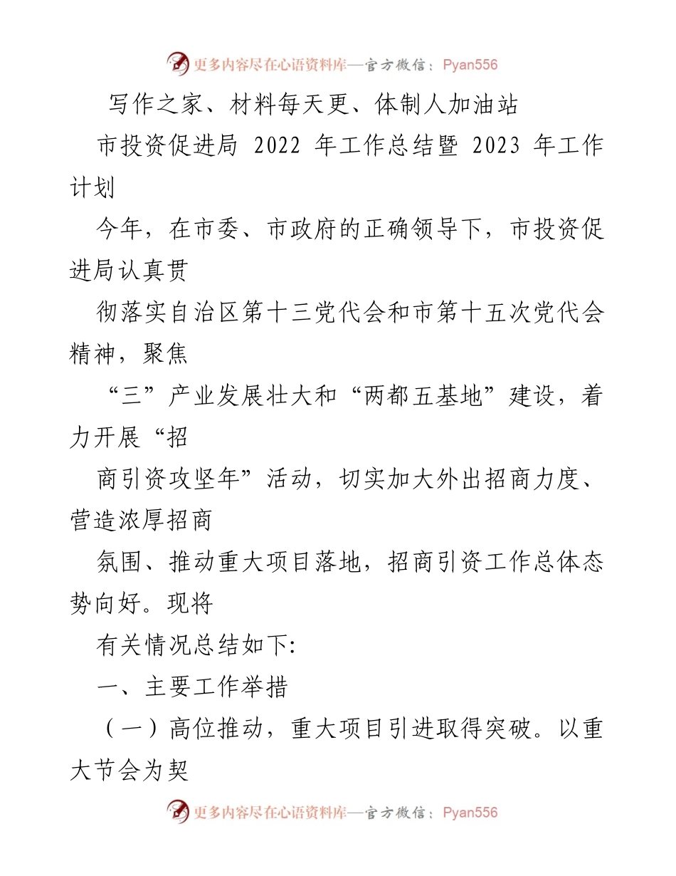 [工作总结] 市投资促进局 - 2022年工作总结与2023年工作计划概述.docx_第1页