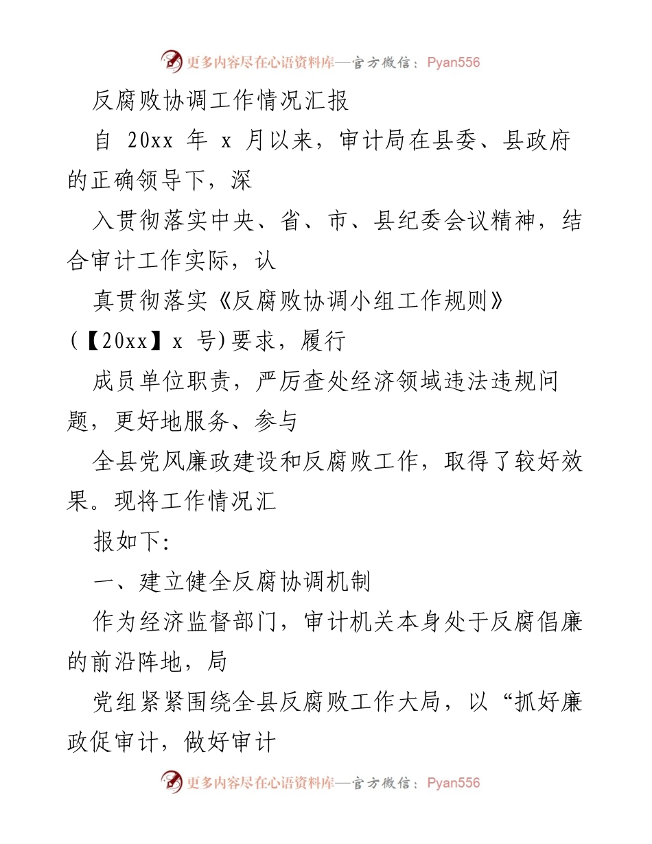 [工作总结] 审计局 - 反腐败协调工作情况汇报.docx_第1页