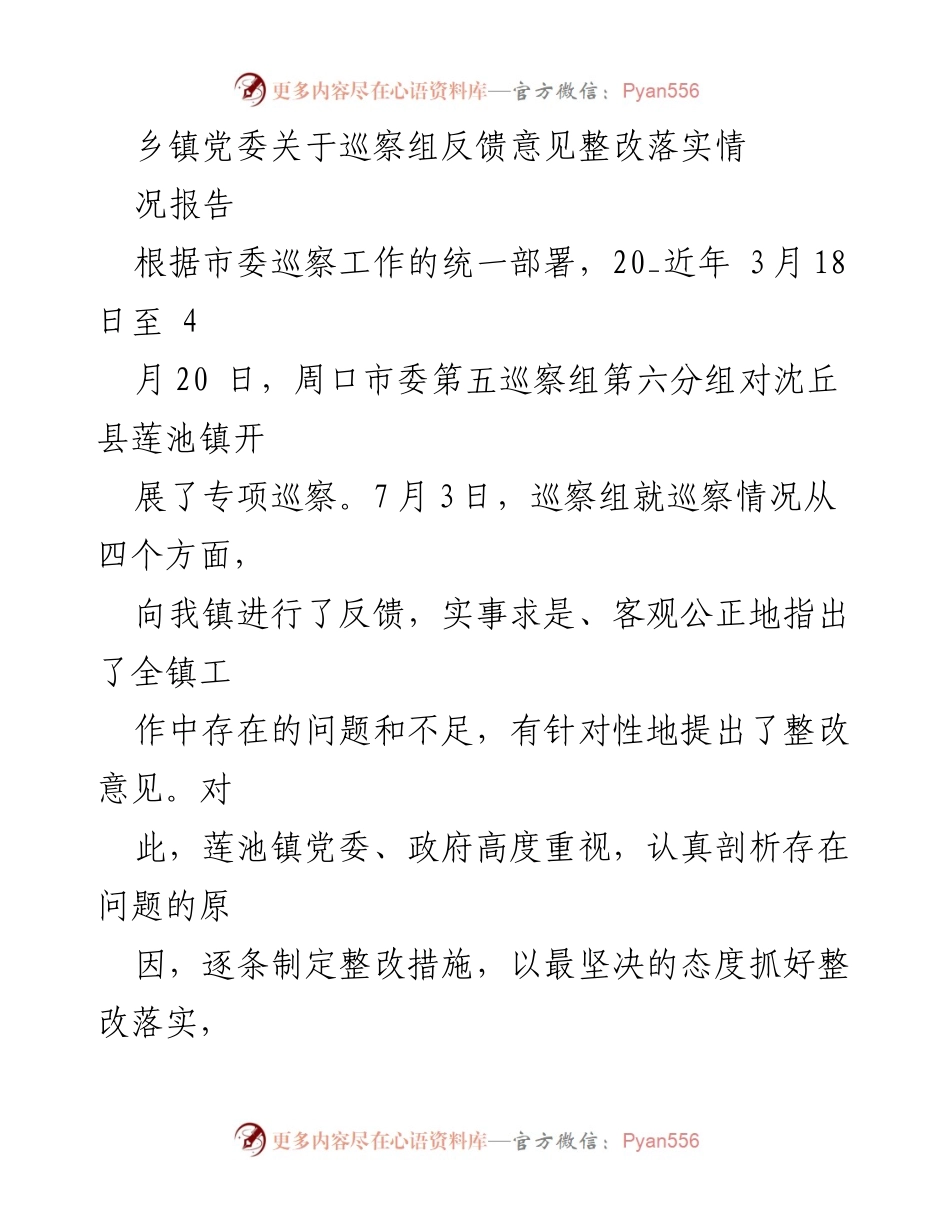 [工作总结] 巡察反馈整改 - 沈丘县莲池镇巡察反馈意见整改落实情况报告.docx_第1页