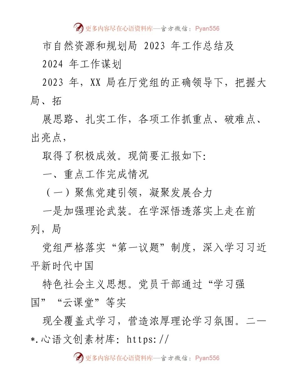 [工作总结] 年度总结 - 2023年市自然资源和规划局工作总结与2024年发展规划.docx_第1页