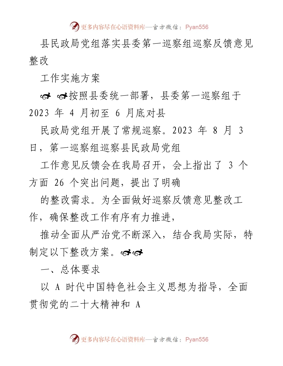 [工作总结] 巡察整改 - 县民政局党组巡察反馈意见整改实施方案.docx_第1页