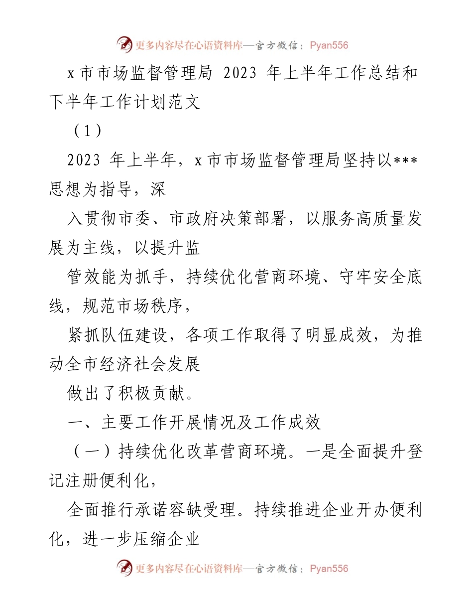 [工作总结] 市场监督管理局 - 2023年上半年工作总结及下半年计划.docx_第1页