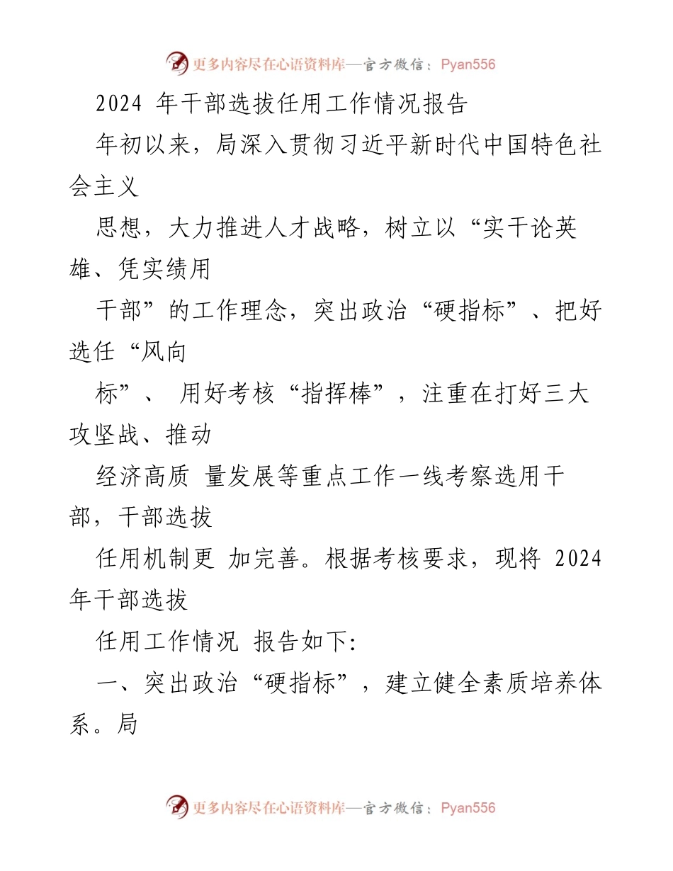 [工作总结] 干部选拔任用 - 2024年干部选拔任用工作情况总结报告.docx_第1页