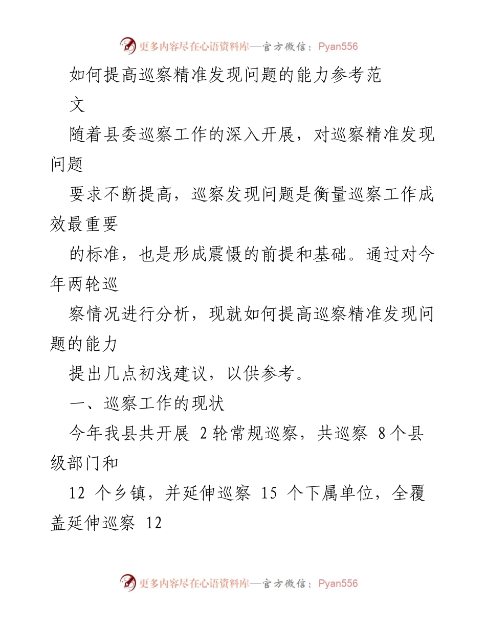 [工作总结] 巡察工作 - 提高巡察精准发现问题能力的建议.docx_第1页