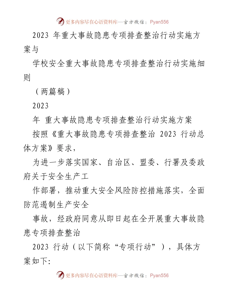 [工作总结] 安全生产 - 2023年重大事故隐患专项排查整治行动实施方案与细则.docx_第1页