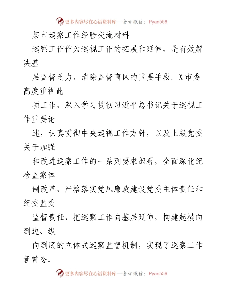 [工作总结] 巡察工作经验交流 - 某市巡察工作经验总结与实践探索.docx_第1页