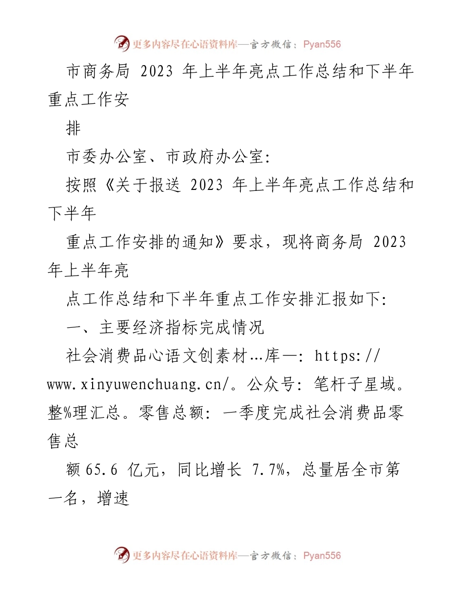 [工作总结] 市商务局 - 2023年上半年工作总结与下半年工作安排.docx_第1页
