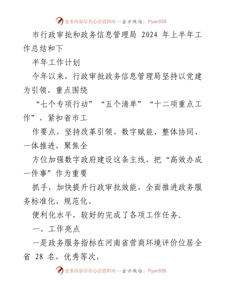 [工作总结] 市行政审批和政务信息管理局 - 2024年上半年工作总结与下半年工作计划.docx_第1页