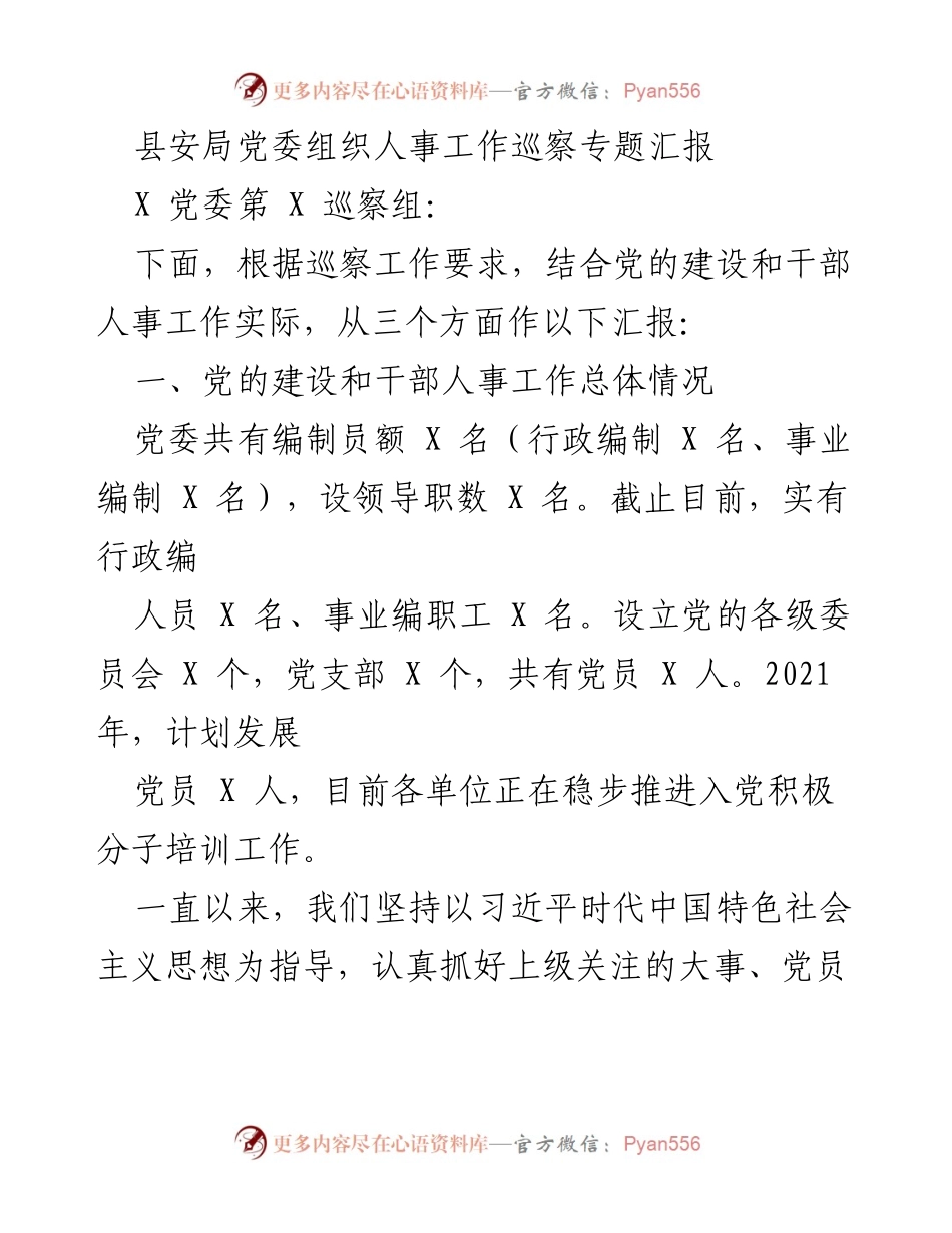 [工作总结] 巡察工作 - 县安局党委人事工作巡察专题汇报.docx_第1页