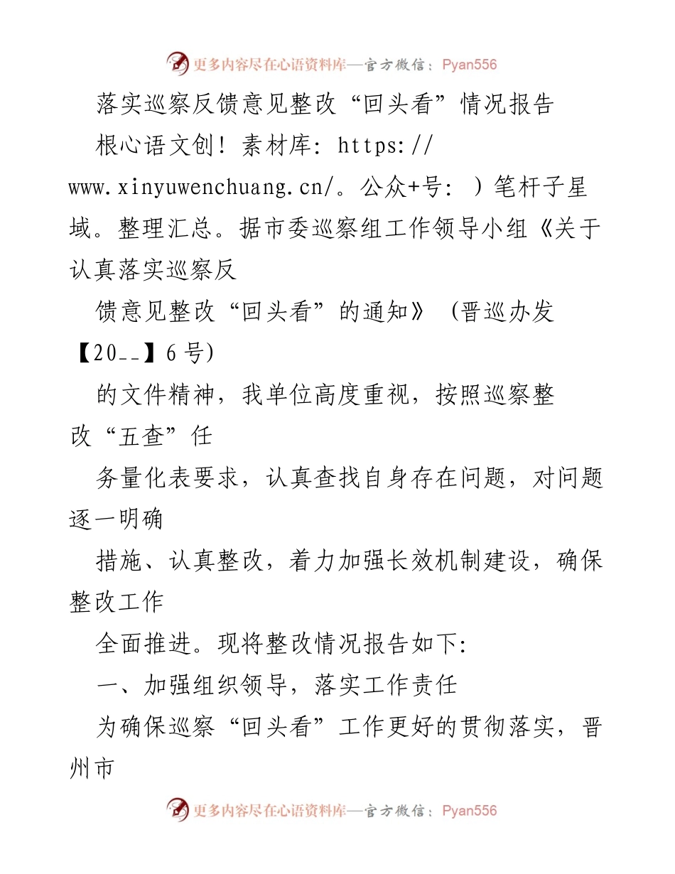 [工作总结] 巡察整改 - 落实巡察反馈意见整改“回头看”情况报告.docx_第1页