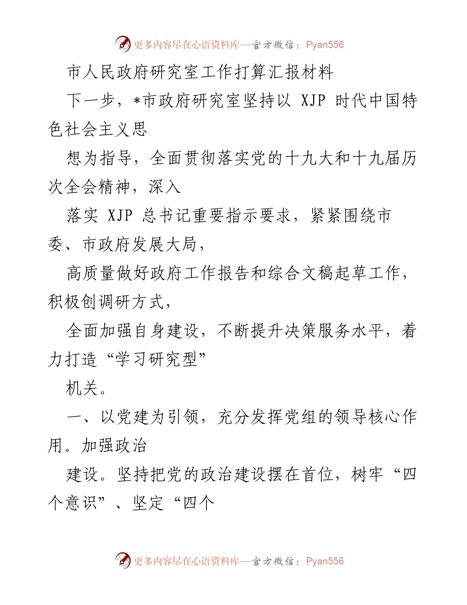 [工作总结] 市人民政府研究室 - 政府研究室工作打算与党建引领策略.docx_第1页