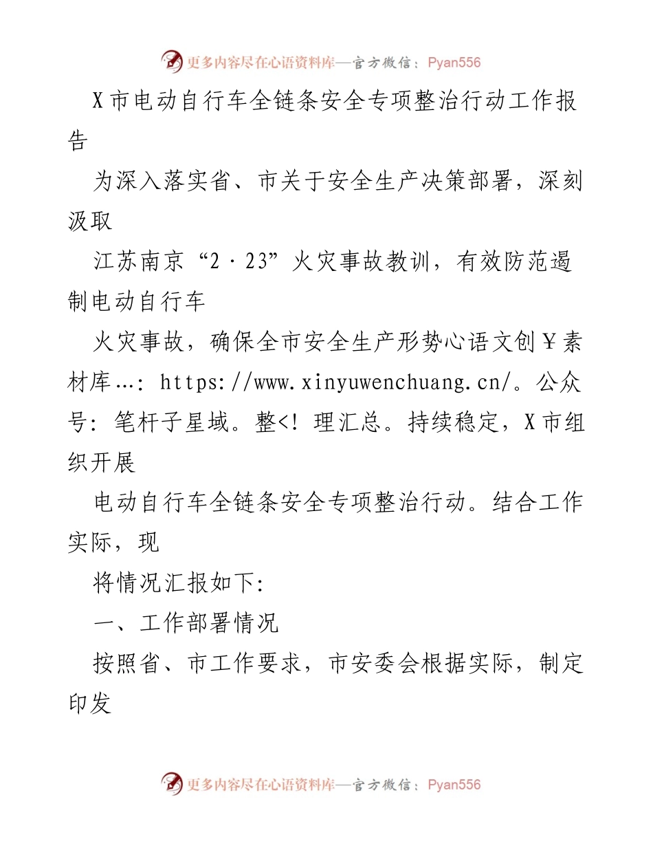 [工作总结] 安全生产专项整治 - X市电动自行车全链条安全专项整治行动工作报告.docx_第1页