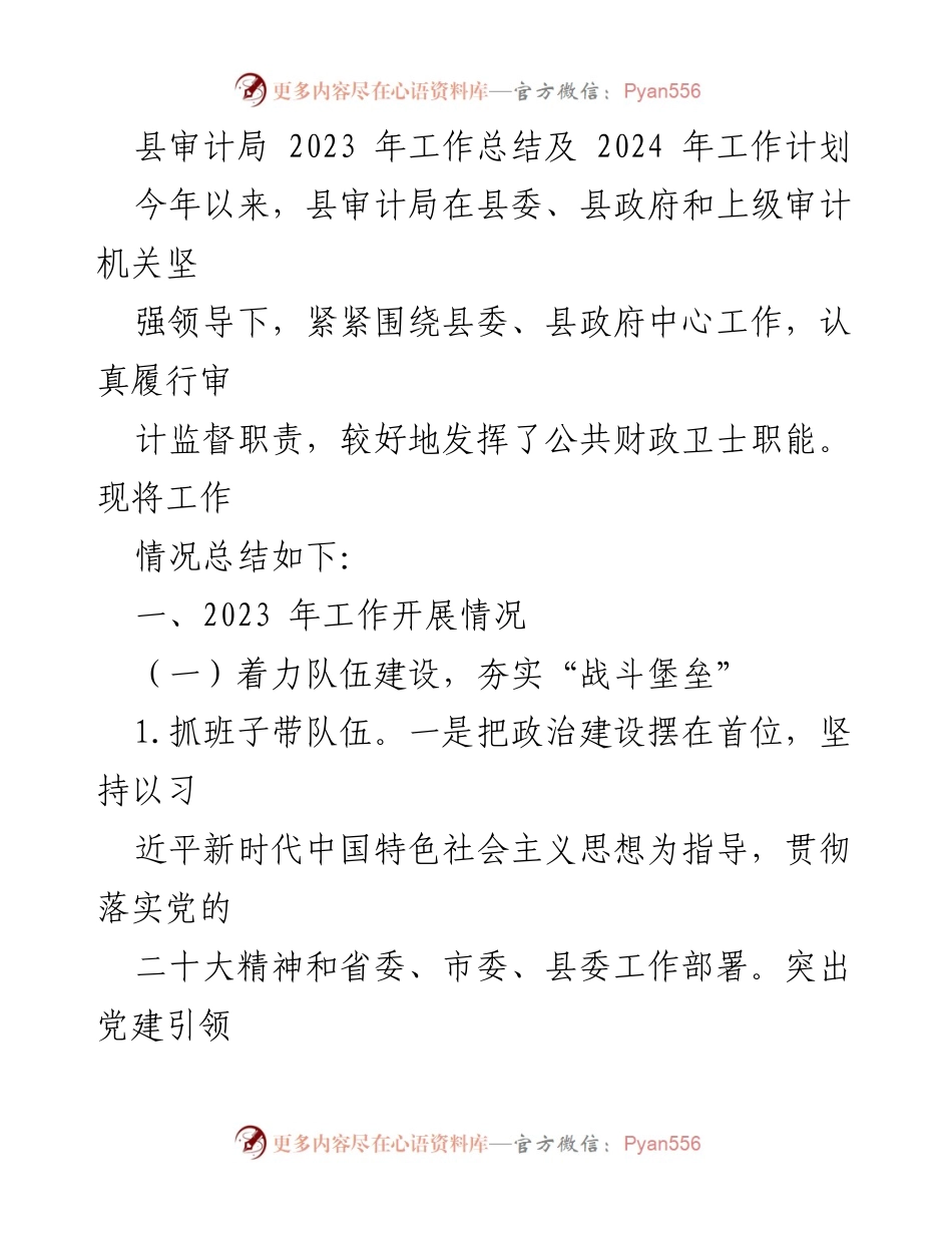[工作总结] 年度工作 - 县审计局2023年工作总结与2024年工作计划.docx_第1页