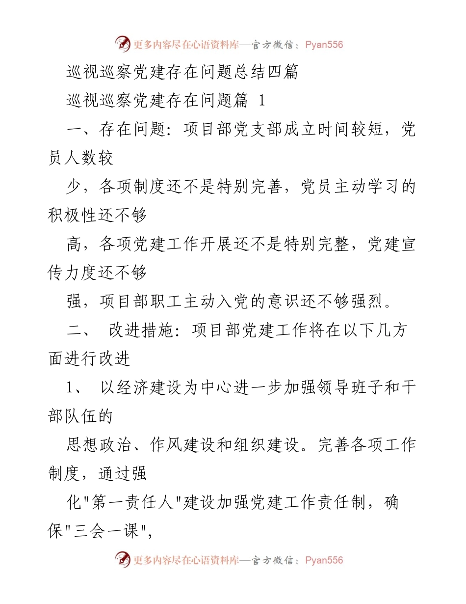 [工作总结] 巡视巡察 - 党建工作存在问题及改进措施总结.docx_第1页