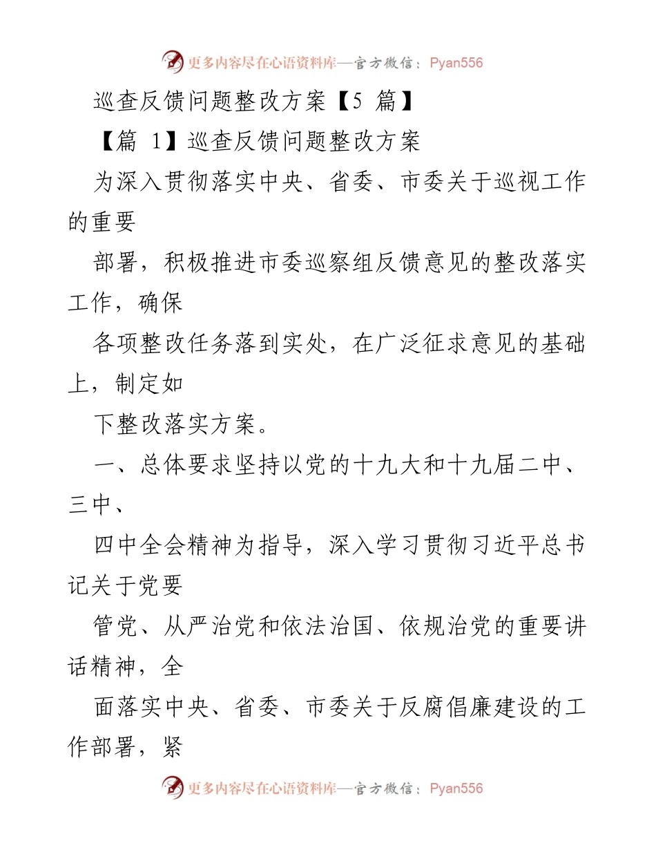 [工作总结] 巡察反馈整改 - 巡查反馈问题整改方案总结.docx_第1页