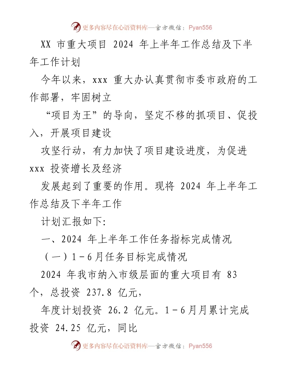 [工作总结] 市重大项目 - 2024年上半年工作总结及下半年工作计划.docx_第1页