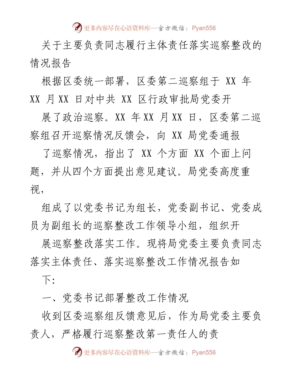 [工作总结] 巡察整改 - 主要负责同志履行主体责任落实巡察整改情况报告.docx_第1页