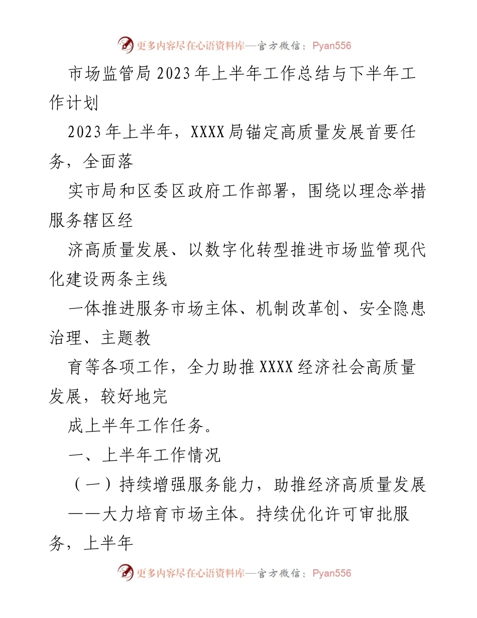 [工作总结] 市场监管局 - 2023年上半年工作总结与下半年工作计划.docx_第1页